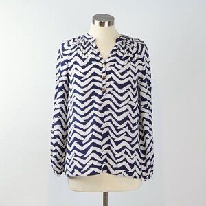 Lilly Pulitzer Elsa Silk Long Sleeve Blouse Navy Bird - Size Small